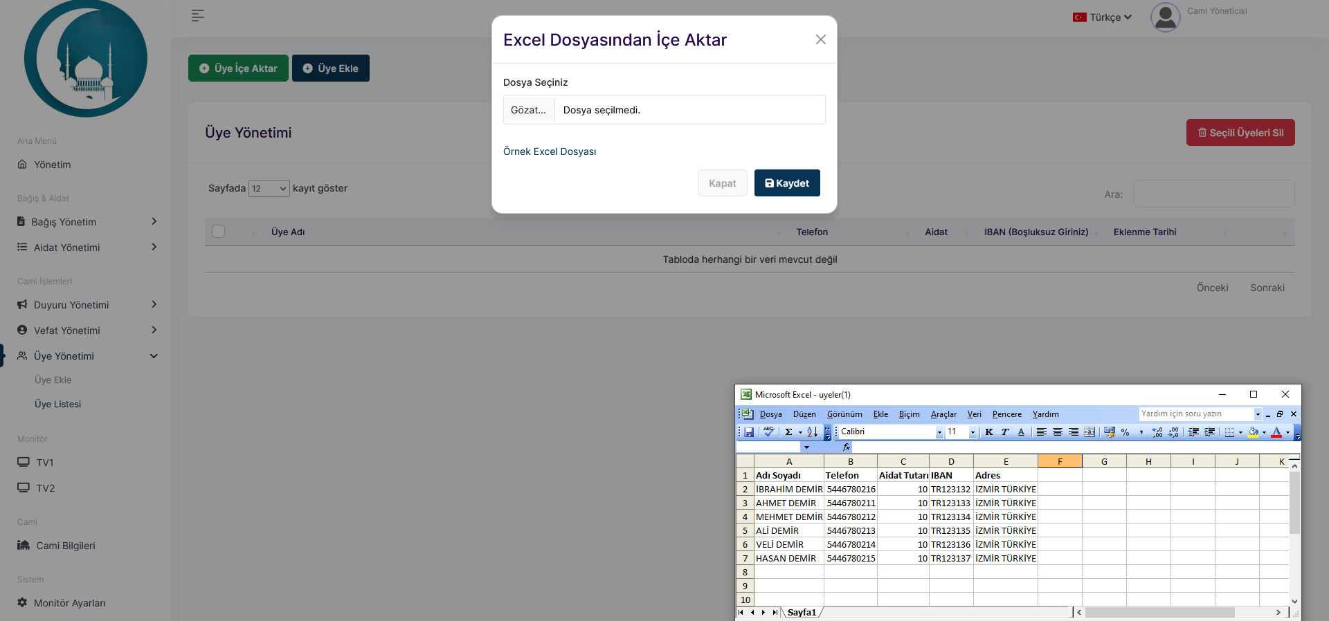Gelişme - Üye Eklerken Excel Aktarımı